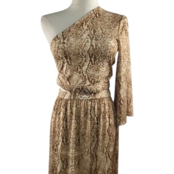 NEW L’AGENCE X-Small Sleek Neutral Maxi Dress Snakeskin Print One Shoulder Party - Picture 9 of 13